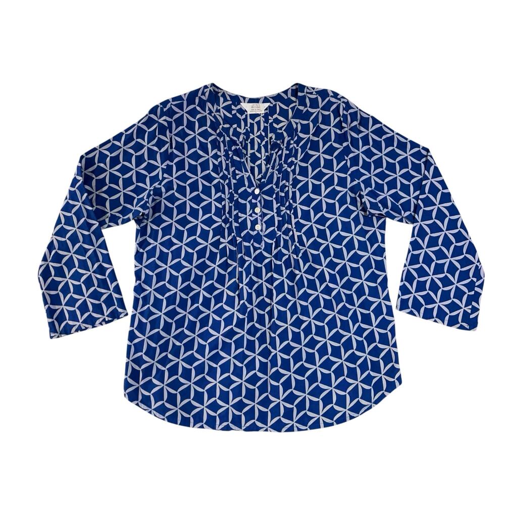 The Company Store Geometric Pintuck Popover Top XL Blue Cotton Casual Resort